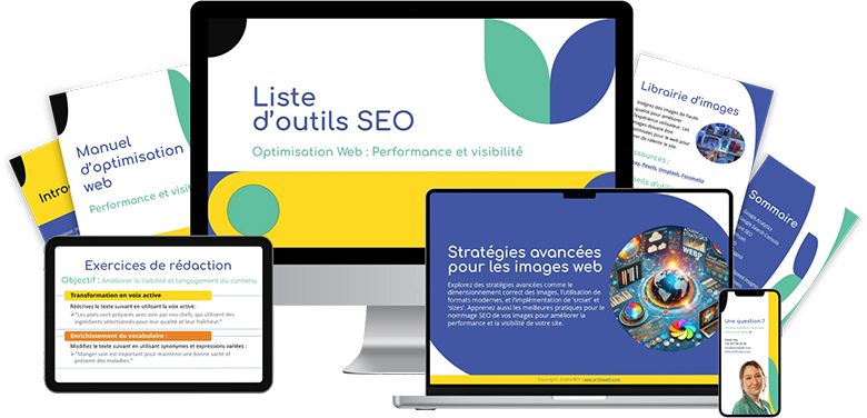 Pack d’outils SEO avec un manuel d’optimisation web, des modèles de rédaction et des ressources gratuites pour un site performant.